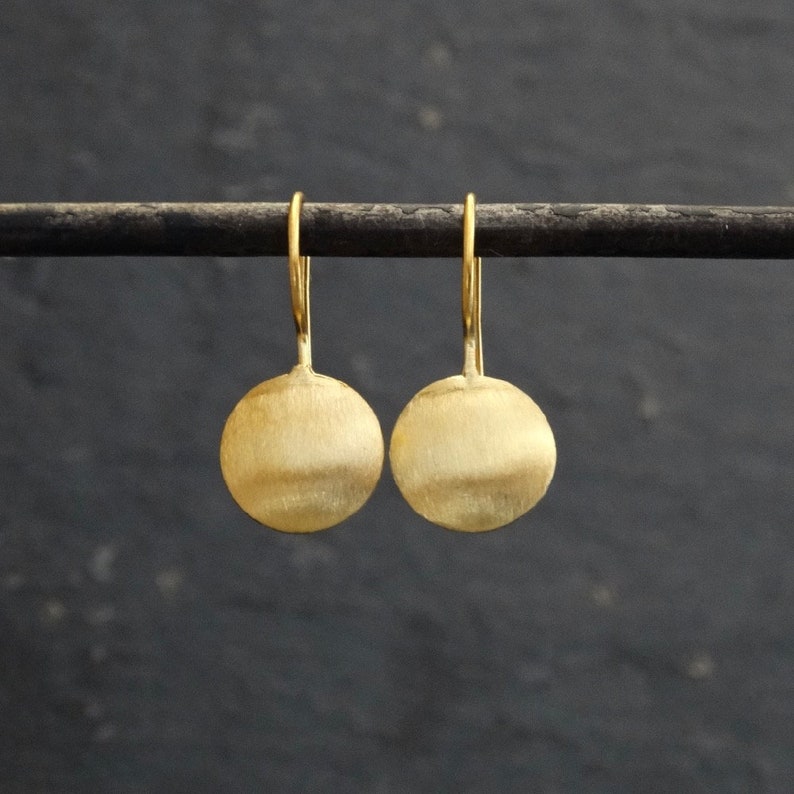 Gold Drop Earrings Brushed Gold Vermeil Round Earrings Etsy
