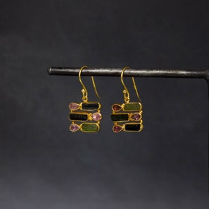 Tourmaline Earrings, Gold and Tourmaline Drop Earrings, Raw Gemstone Earrings, October Birthstone Jewellery, Gold Vermeil image 2