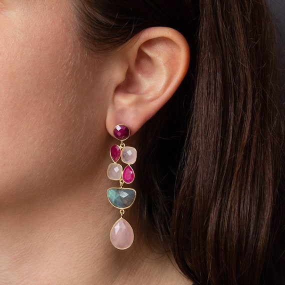 Multistone Earrings with Labradorite, Rose Quartz 14k Gold-plate Sterling Silver Multistone Earrings with Labradorite, Rose Quartz 14k Gold-plate Sterling Silver