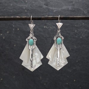 Art Deco Earrings, Turquoise and Mother of Pearl Earrings, Sterling Silver