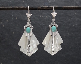 Art Deco Earrings, Turquoise and Mother of Pearl Earrings, Sterling Silver