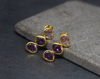 Amethyst and Gold Stud Earrings, Raw Gemstone Earrings, February Birthstone, Gold Vermeil