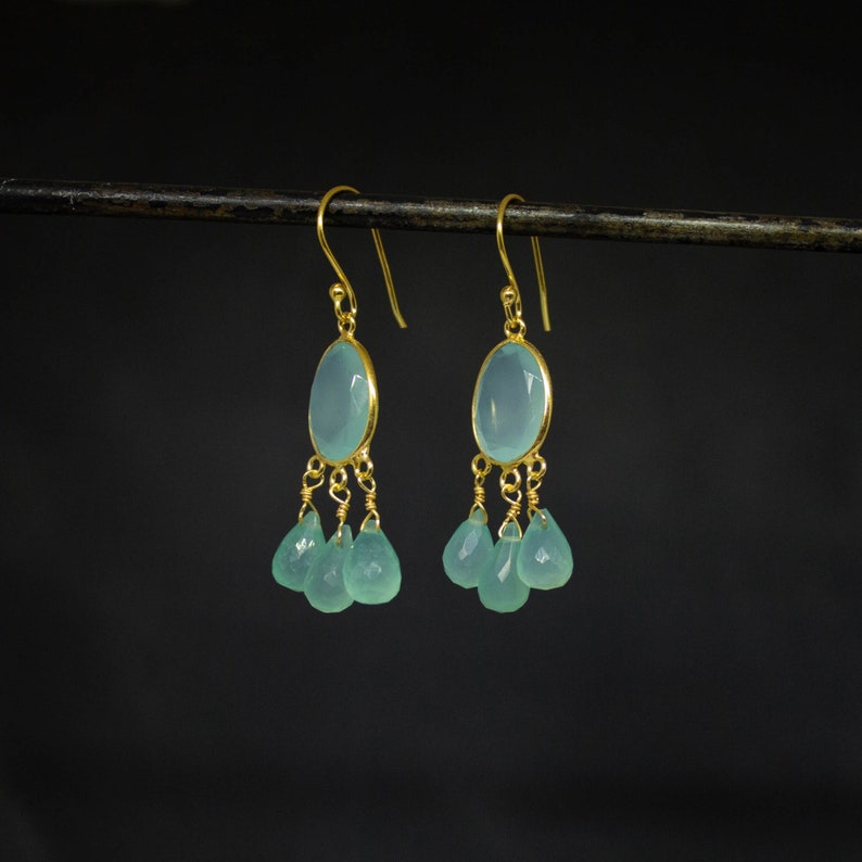 Gemstone Drop Earrings, Aqua Chalcedony Earrings, March Birthstone, Gold Dangle Earrings image 1
