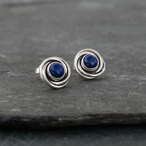 Lapis Earrings, Silver and Lapis Lazuli Stud Earrings, Silver Nest Earrings, Art Deco Earrings, September Birthstone, Sterling Silver