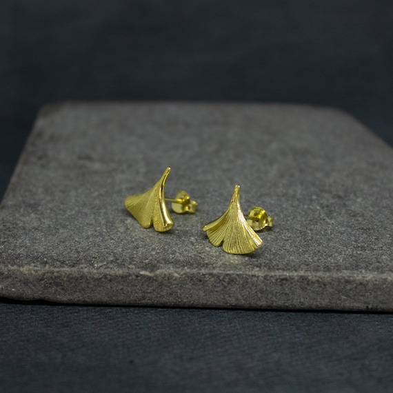 Gold Ginkgo Earrings, Flower Earrings, Petal Earrings, Lily Pad Earrings, Fish Fin Earrings, Everyday Stud Earrings, Gold Vermeil
