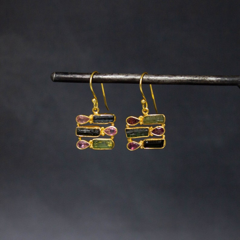 Tourmaline Earrings, Gold and Tourmaline Drop Earrings, Raw Gemstone Earrings, October Birthstone Jewellery, Gold Vermeil image 1