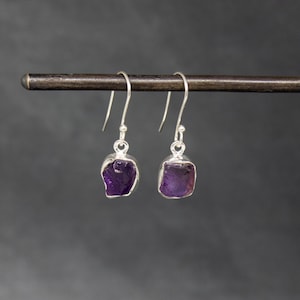 Amethyst and Silver Drop Earrings, Raw Gemstone Earrings, February Birthstone Earrings, Sterling Silver