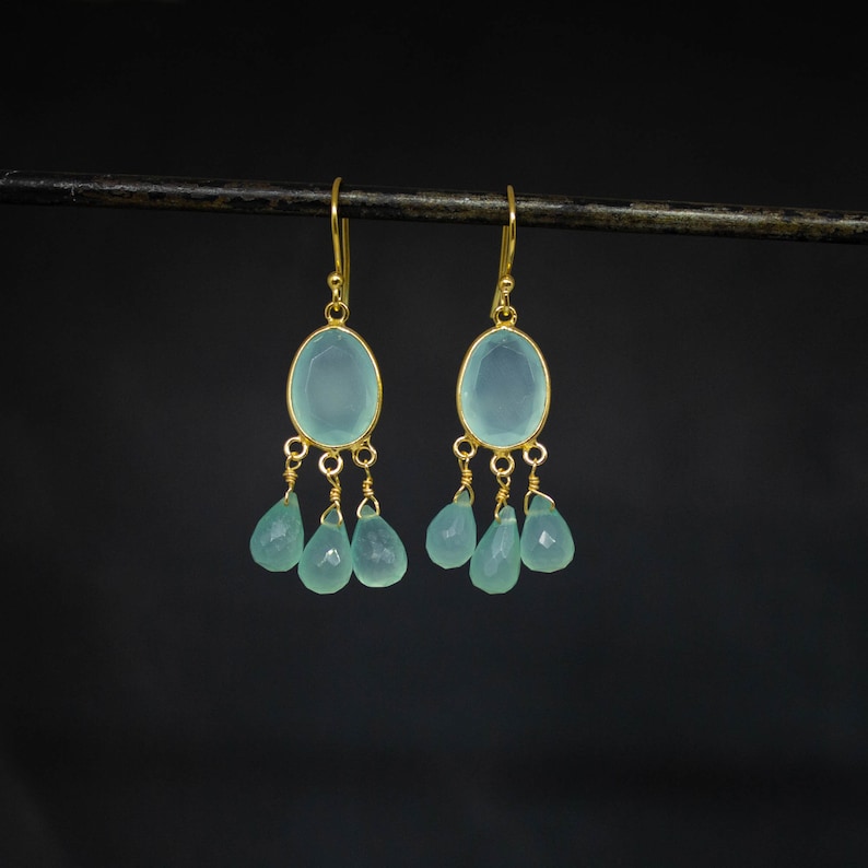 Gemstone Drop Earrings, Aqua Chalcedony Earrings, March Birthstone, Gold Dangle Earrings image 2
