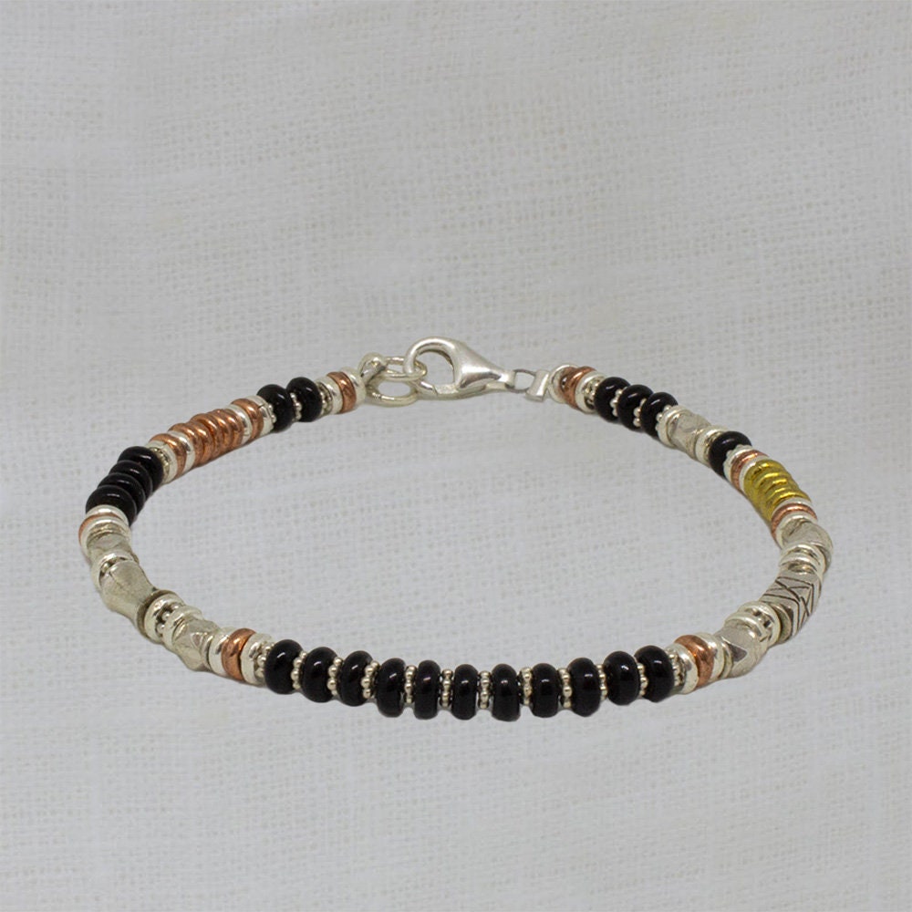 Black Onyx Beaded Bracelet With Sterling Silver Copper and