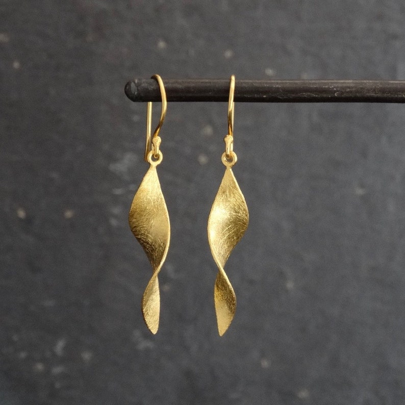 Gold Earrings, Brushed Gold, Gold Twist Earrings, Matt Gold Vermeil, Minimal Earrings, Dangle Earrings, Gold Drop Earrings, Matt Gold image 1