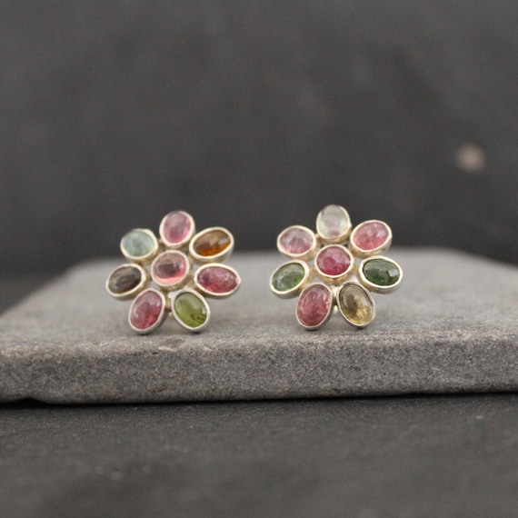 Tourmaline Earrings Silver and Tourmaline October Birthstone Tourmaline Studs Flower Earrings Sterling Silver Etsy