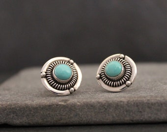 Turquoise Stud Earrings, Silver and Turquoise, Boho Silver Studs, December Birthstone Earrings, Sterling Silver