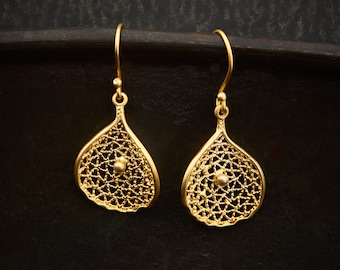 Gold Drop Earrings, Mesh Earrings, Gold Lattice Work, Petal Earrings, Filigree Earrings, Delicate Earrings, Gold Vermeil