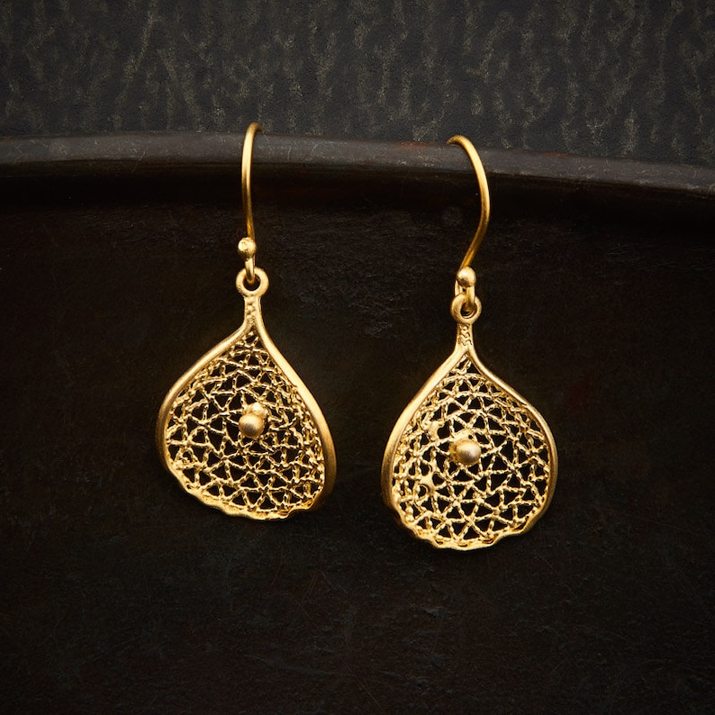 Gold Drop Earrings, Mesh Earrings, Gold Lattice Work, Petal Earrings, Filigree Earrings, Delicate Earrings, Gold Vermeil image 1