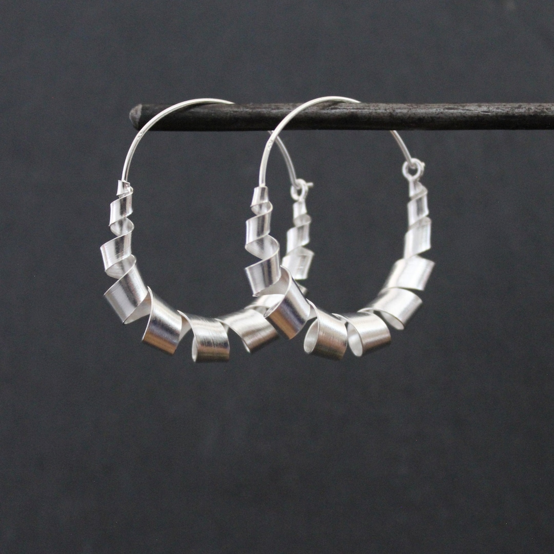 Hoop With Ribbon Silver Hoops, Silver Twist Hoops, Ribbon Hoops, Unusual Hoops, Sterling ...