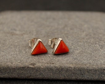 Coral Stud Earrings, Silver and Coral, Red Coral Studs, Triangle Earrings, Sterling Silver