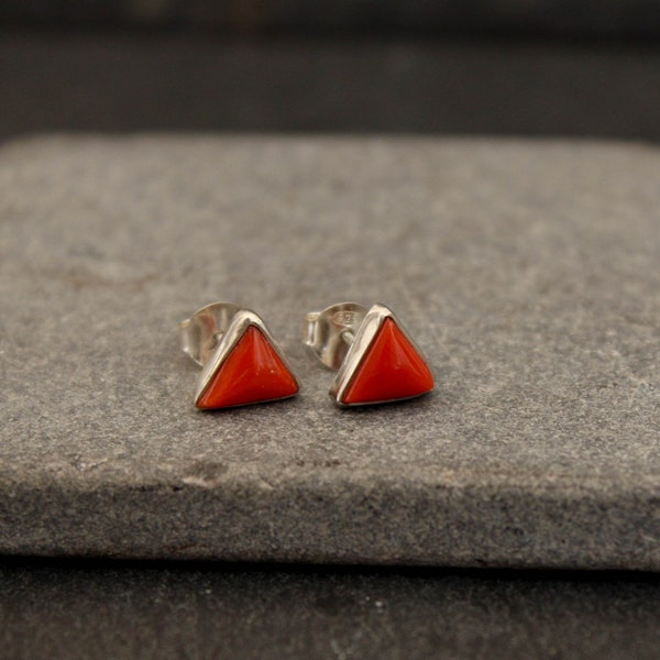 Coral Stud Earrings, Silver and Coral, Red Coral Studs, Triangle Earrings, Sterling Silver