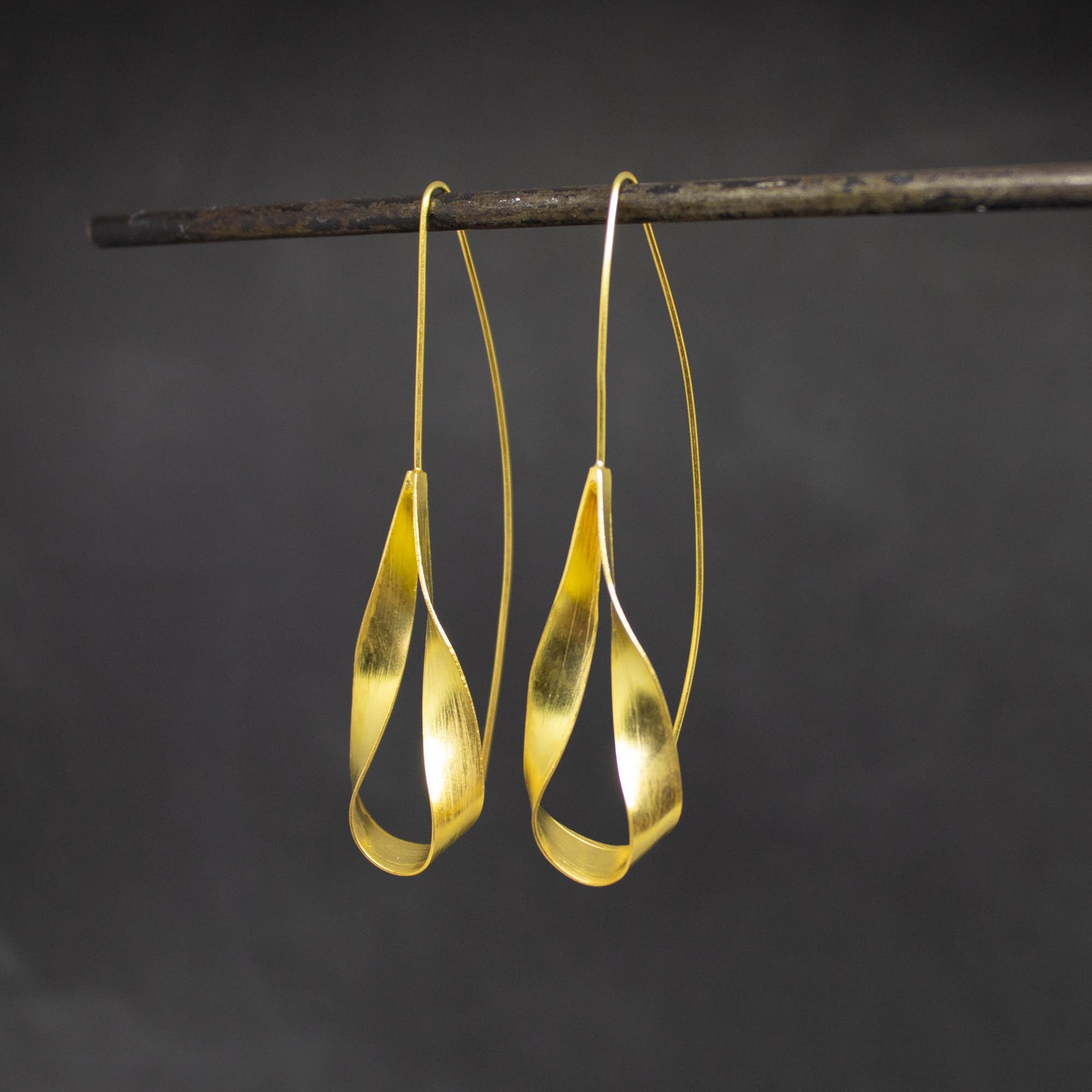 Long Gold Earrings, Teardrop Earrings, Gold Ribbon Earrings