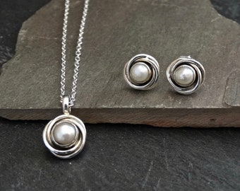 Pearl Jewellery Set, Silver and Pearl Studs, White Pearl Pendant Necklace, Silver Nest Earrings, Art Deco, Sterling Silver