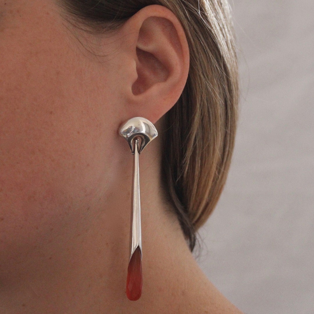 Silver Art Deco Earrings, Silver and Carnelian Earrings, Long Statement ...