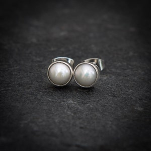 Pearl Stud Earrings, Freshwater Pearl Earrings, Round Stud Earrings, White Pearl Earrings, Sterling Silver image 1