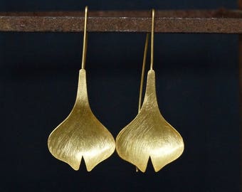 Gold Drop Earrings, Brushed Gold Earrings, Flower Earrings, Tulip Earrings, Unusual Earrings, Statement Earrings, Gold Vermeil