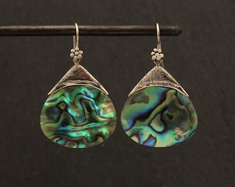 Silver and Abalone Earrings, Paua Shell Earrings, Teardrop Earrings, Silver Granulation, Sterling Silver