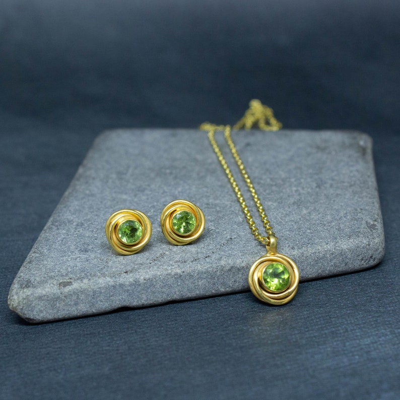 Peridot Jewellery Set, Peridot and Gold Stud Earrings, Peridot Pendant Necklace, August Birthstone, Art Deco Studs + Pendant Set