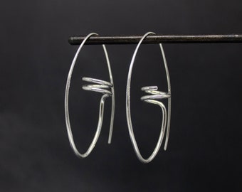 Silver Swirl Hoops, Oval Hoop Earrings, Long Silver Earrings, Modern Sterling Silver Hoops