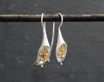 Silver and Gold Earrings, Flower Earrings, Mixed Metals, Sterling Silver, Gold Vermeil