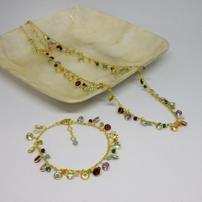 Gold vermeil multi gemstone charm necklace and bracelet - amethyst, garnet, blue topaz, peridot, citrine
