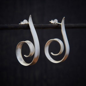Silver Hoop Earrings, Brushed Silver Earrings, Swirl Hoops, Modern Earrings, Minimal Earrings, Matt Silver Earrings, Sterling Silver