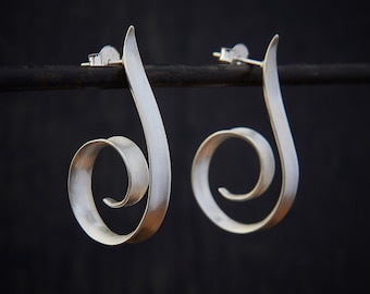 Silver Hoop Earrings, Brushed Silver Earrings, Swirl Hoops, Modern Earrings, Minimal Earrings, Matt Silver Earrings, Sterling Silver