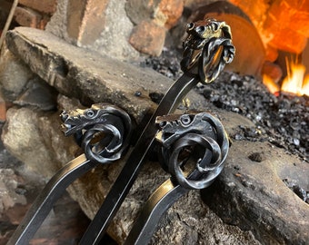 Hand Crafted Wrought Iron Fire Poker with Log Hook Log Roller great gift 
