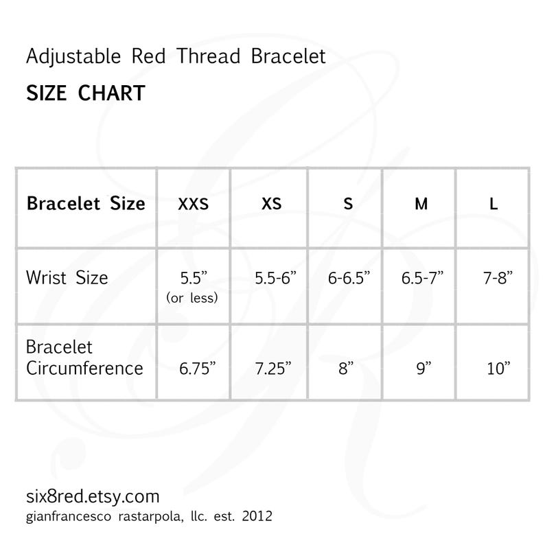 May include: A size chart for an adjustable red thread bracelet. The table lists sizes from XXS to L, detailing corresponding wrist sizes from 5.5 inches or less to 8 inches, and bracelet circumferences ranging from 6.75 inches to 10 inches.