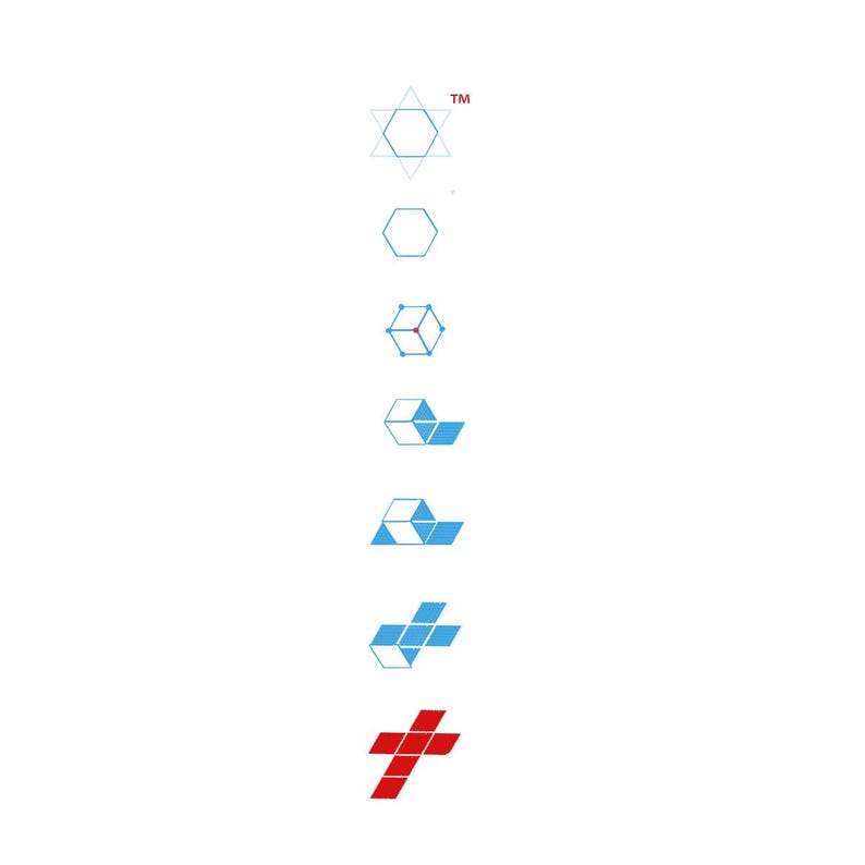 May include: A vertical sequence of seven geometric icons starting with a light blue six-pointed star with a TM symbol, followed by a hexagon, a wireframe cube, three evolving cube-based shapes, and ending with a solid red cross-shaped icon.