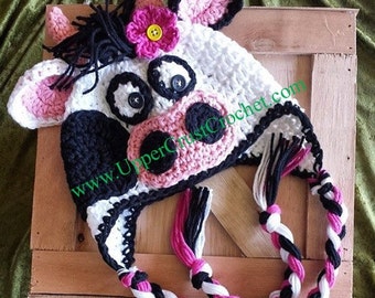 Crochet Crazy Lulabelle Cow Earflap Hat Pattern (Newborn - Adult sizes available)