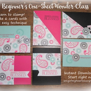 May include: A beginner's one-sheet wonder class for making six cards using a simple stamping technique. The image shows six different cards with a paisley pattern and the text "Thankful-Grateful-Blessed".