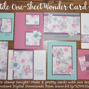 May include: A collection of handmade greeting cards with floral designs in pink, blue, and purple. The cards feature various sentiments, including "Hello," "With Sympathy," and "Congratulations." The text "Versatile One-Sheet Wonder Card Class" is at the top.
