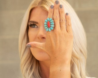 flower shape Turquoise Gemstone Boho Ring -  Silver Ring - Turquoise Ring - Bohemian Ring - Turquoise ring- Rings - Gift for