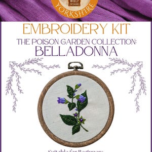 May include: Embroidery kit featuring a floral design of a purple belladonna flower with green leaves in a 3-inch embroidery hoop. The kit includes anchor threads, a needle, a stitch guide, a kit guide, colour instructions, printed fabric, and a botanical backstory. The kit is suitable for beginners and recommended for ages 12 and up.