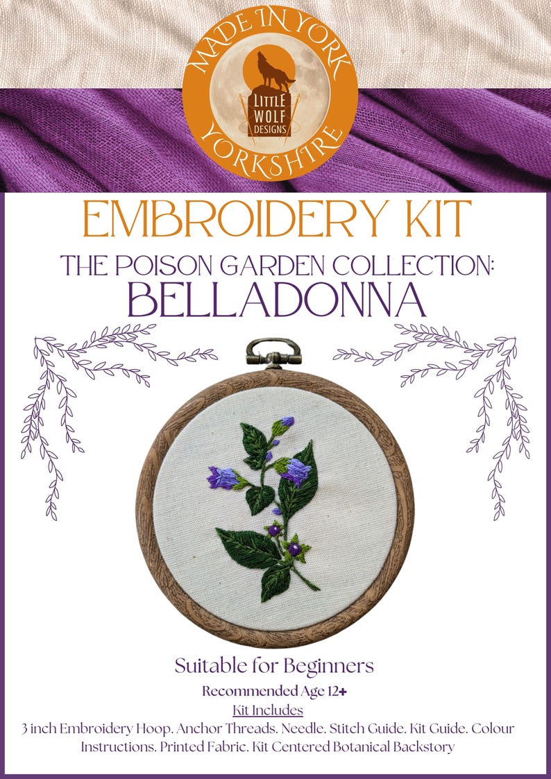 May include: Embroidery kit featuring a floral design of a purple belladonna flower with green leaves in a 3-inch embroidery hoop. The kit includes anchor threads, a needle, a stitch guide, a kit guide, colour instructions, printed fabric, and a botanical backstory. The kit is suitable for beginners and recommended for ages 12 and up.