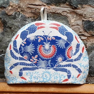 Linen blue crab tea cosy, quirky house warming gift for tea drinker, Hand pulled, screen printed and handmade in Scotland.