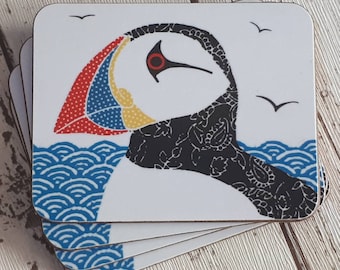 Puffin coasters , coastal coasters, set of 4, colourful drink mats, mothers day gift, puffin drinks mats, coastal housewarming,