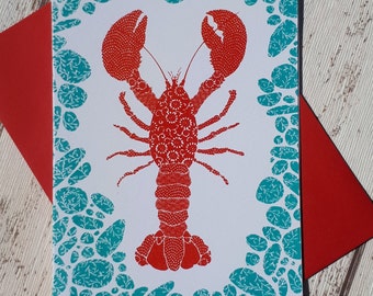 Lobster greetings card, hand printed coastal card, coastal card for girlfriend, be my lobster, coastal greetings card