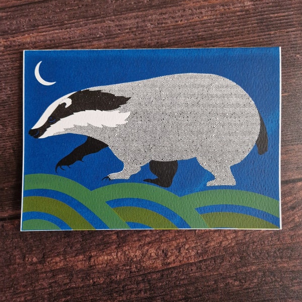 Badger greetings card, hand printed wildlife card,  badger card, card for badger lover, badger gift