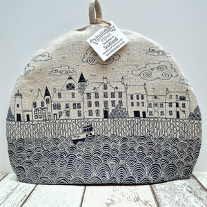 Coastal tea cosy, hand pulled, screen printed and handmade in Scotland. Gift for mum, gift for tea drinker, Scottish homeware