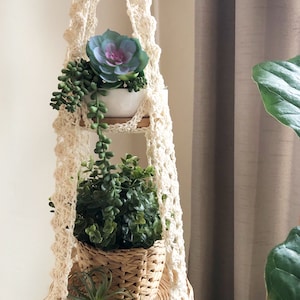 May include: A white macrame plant hanger with two tiers, holding a variety of plants, including a succulent, a green leafy plant, and an air plant. The hanger is hanging from a ceiling hook and is in front of a beige curtain.