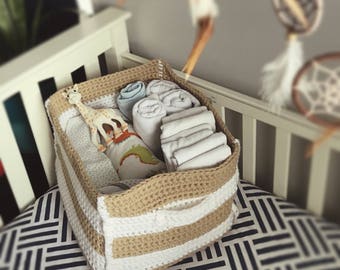 Sea Foam On The Sand -Coastal Striped Square Storage Basket- Washable/ Collapsible- Digital Crochet Pattern- PDF File Format