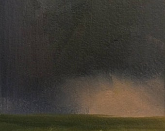 May include: A painting of a dark, stormy sky over a green field. The sky is a deep blue-gray with hints of purple and pink. The field is a vibrant green.